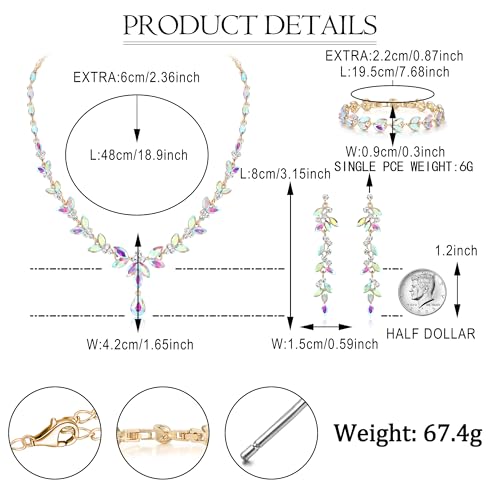 EVER FAITH Marquise Crystal Leaf Bridal Prom Jewelry Set for Women Bride | Rhinestone Wedding Party Necklace Dangle Earrings Tennis Bracelet, for Bridesmaid - color: Iridescent AB Gold-Plated-Base