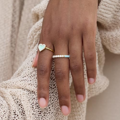 STORYJEWELLERY Eternity Band Rings for Women, Enamel Ring, Blue Ring, Stackable Wedding Bands for Women, 18K Gold Plated Cubic Zirconia Rings