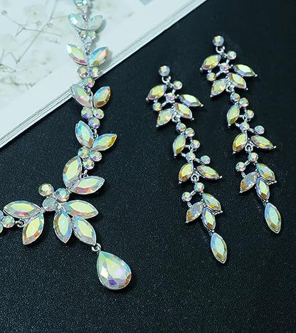 CSY Elegant Bridal Jewelry Sets Wedding Prom Homecoming Gown Accessories | Austrian Marquise Crystal Wedding Necklace Dangle Earrings Tennis Bracelet Ring Set for Bride Women Costume Accessories - color: Iridescent AB Crystal - Silver tone