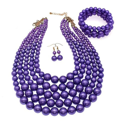 Faux Big Pearl Srand Necklaces for Women 5 Layers Pearls Choker Bib Collar Necklace Bracelet and Earrings set 1920s Costume Pearl Jewelry Bridal Wedding - color: purple