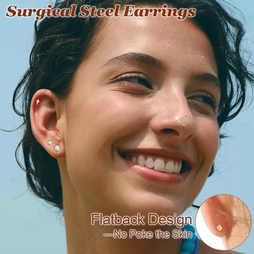 18Pairs 20G 18G Stainless Steel Tiny Stud Earrings for Women Cartilage Helix Earrings Ball Star CZ Earrings - color: Rose Gold, size: 20G