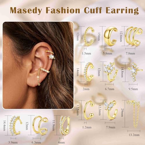 12PCS 14K Gold Plated Ear Cuff Earrings for Women Non Piercing Adjustable Ears Clip on Cartilage Earring Stack Dainty Fake Piercings Non Tarnish Helix Wrap Earrings Set Trendy Jewelry - color: Gold
