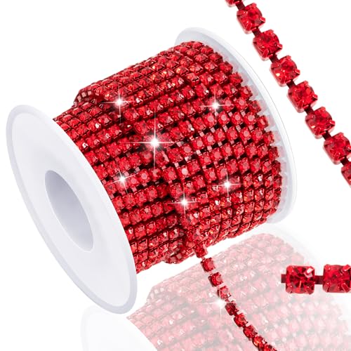 Rhinestone Chain, 10-Yards 2MM Crystal Rhinestone Close Chain Trim for Sewing Crocs Shoes Clothes Cups, Rhinestone Chains for Jewelry Wedding Bouquet DIY Decoration, Red - color: Red, Length: 10 Yards, Width: 2MM/0.08Inch