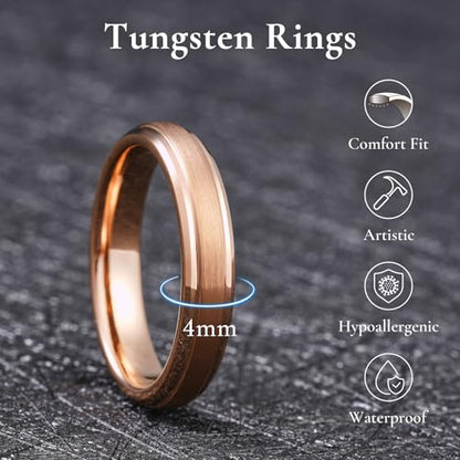 King Will Classic Tungsten Wedding Band for Men, 6/7/8/9/10mm Widths, Polished Finish Step Edge Matte Rings Comfort Fit - color: C-rose gold 4mm