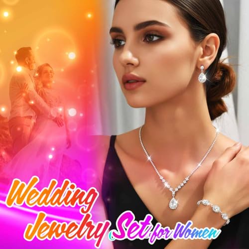 Unicra Bride Crystal Necklace Earrings Set Bridal Wedding Jewelry Sets Rhinestone Choker Necklace Prom Costume Jewelry Set for Women and Brides - color: D-3 Pack Gold Necklace Bracelet Earrings