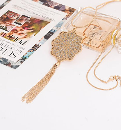 MOLOCH Long Necklaces For Woman Disk Circle Pendant Necklaces Tassel Fringe Necklace Set Statement Pendant - color: floral-shaped-gold