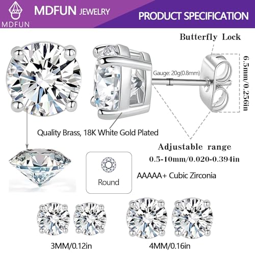 18K White/Yellow Gold Plated Stud Earrings for Men Women 4 Prong Graduated Round Clear Cubic Zirconia Hypoallergenic Earrings Set 3-8MM - color: White Gold Plated, size: Pack-3/4MM