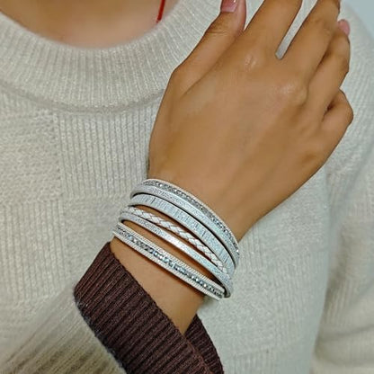 ZMANYIJEW Leather Wrap Bracelets for Women,Boho Cuff Bracelets Multi-Layer Crystal Beads Cuff Bracelet Multilayered Leopard Leather Braided Bangle Wrist Cuff Bangles - style: white