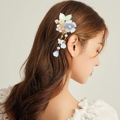 A Pair Wedding Hair Clips, Handmade Floral Design Crystal Hair Clips Pearl Barrettes, Rhinestones Flower Clips Pearl Headpieces Hair Pins Hair Accessories for Women Girls (Light Blue) - color: Light Blue