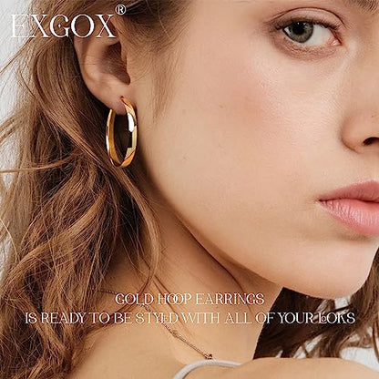 EXGOX 5mm Wide Gold Hoop Earrings for Women,Sterling Silver Hoop Earrings Large Silver Hoop Earrings Hypoallergenic Lightweight 14K Real Gold Plated Big Hoop Earrings for Women 30/40/50/60/70mm - color: Gold Color/30MM