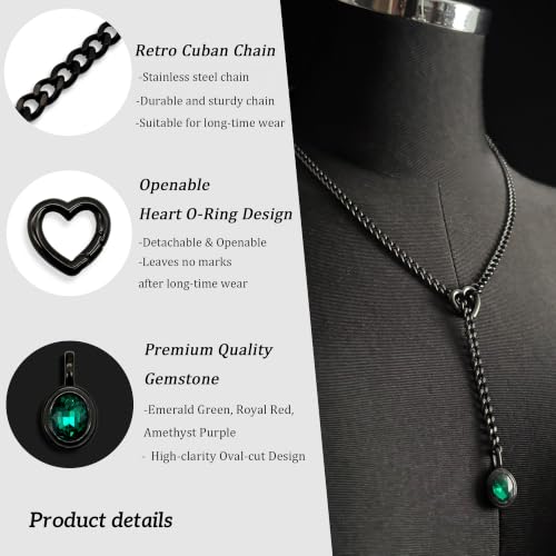 Heart Slip Chain Necklace for Women, Cuban Chain with Removable Heart O-Ring and Crystal Pendant, Adjustable Y Lariat Necklace - color: Black-Green-27