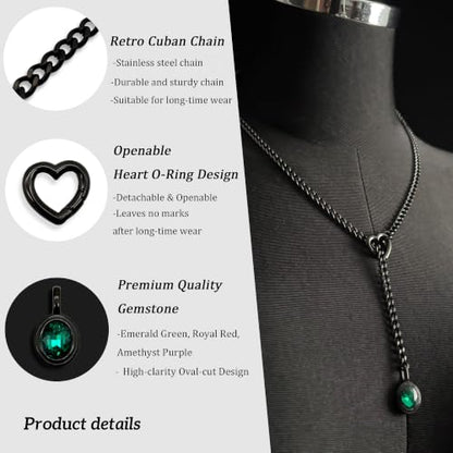 Heart Slip Chain Necklace for Women, Cuban Chain with Removable Heart O-Ring and Crystal Pendant, Adjustable Y Lariat Necklace - color: Black-Green-27
