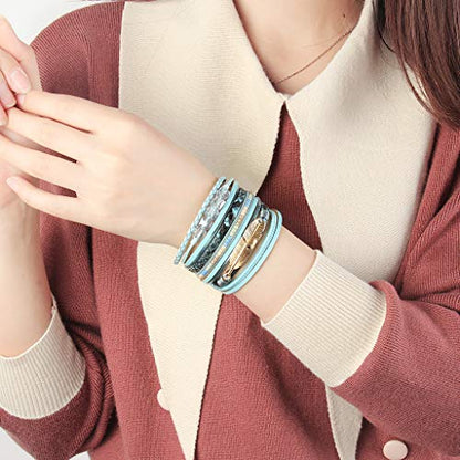 GelConnie Womens Leather Cuff Bracelet Feather Multi Strand Bracelet Wrap Bracelet Turquoise Boho Bangle Braided Leather Wristbands Bohemian Jewelry Gifts for Women Wife Sister - color: Feather Cuff Bracelet-blue