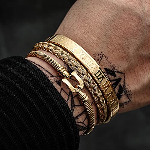 WFYOU 3PCS Stainless Steel Imperial Crown Bracelets for Men Gold Roman Numeral Bangle Bracelet Adjustable Cuff Bracelet Mens Luxury Jewelry Gifts - style: 07:Gold-Hook