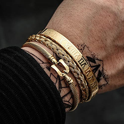 WFYOU 3PCS Stainless Steel Imperial Crown Bracelets for Men Gold Roman Numeral Bangle Bracelet Adjustable Cuff Bracelet Mens Luxury Jewelry Gifts - style: 07:Gold-Hook