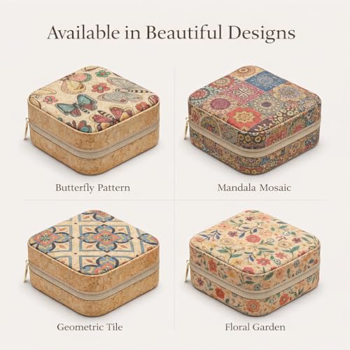 Vibrant Mandala Cork Jewelry Case – Small Square Zip Organizer for Women – Stylish Gift for Travel and Vanity (Floral) - style: Floral Fantasy