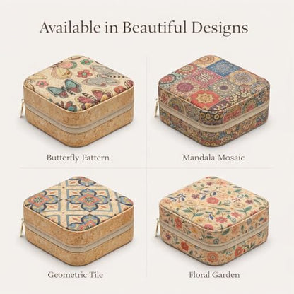 Vibrant Mandala Cork Jewelry Case – Small Square Zip Organizer for Women – Stylish Gift for Travel and Vanity (Floral) - style: Floral Fantasy