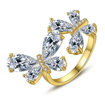 18K Gold Plated Rings for Women and Teen Girls Non Tarnish Cubic Zirconia Fidget Ring Butterfly/Snake/Mesh/Cross/Crown Knuckle Ring Open Adjustable Statement Stacking Chunky Rings - color: Butterfly