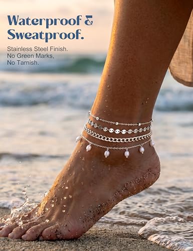 Subiceto Ankle Bracelets for Women Waterproof - 14K Gold Plated Non Tarnish Anklets Set Dainty Stainless Steel Stackable Layered for Beach Summer Jewelry Adjustable - color: 4Pcs Pearl-Silver