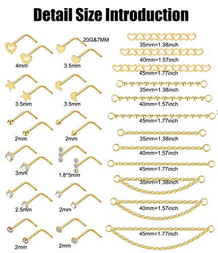 20G Stainlesss Steel Nose Rings Stud Nose Chain Piercing Across Double Nose Stud Womens Nostril Piercing Jewelry - color: L Shaped Gold