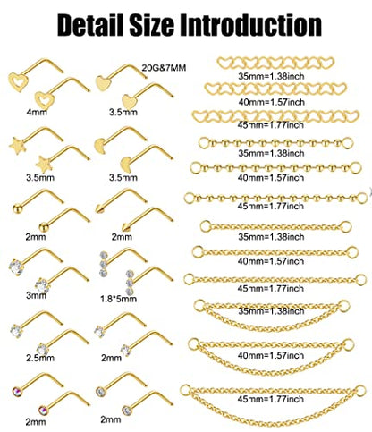 20G Stainlesss Steel Nose Rings Stud Nose Chain Piercing Across Double Nose Stud Womens Nostril Piercing Jewelry - color: L Shaped Gold