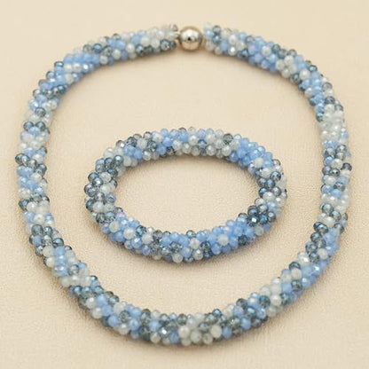 Hand Knotted Beads Statement Necklace Bracelet Jewelry Set Artificial Crystal Choker for Women- Handmade Beaded Strand Sparkly Faceted Crystal Rondelle-17inches, 30 Colors - color: BLue&Gray Set