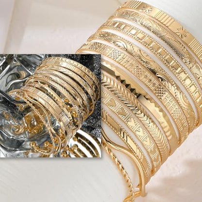 17IF Gold Bangle Bracelet For Women, 14k Multilayer Charm Textured Stackable Bracelets Boho Indian Chunky Cuff Fashion Jewelry Gift - style: 11 Pcs
