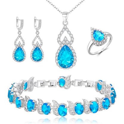 Wedding Jewelry Set for Women Bride Bridesmaid | Gorgeous Cubic Zirconia Teardrop Necklace Earrings Bracelet Adjustable Ring Jewelry Gift for Birthday/Anniversary - color: 15-Blue Topaz Silver-Tone