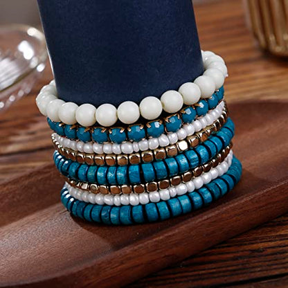 LUREME Boho Multi Strand Stackable Stretch Bracelet Set Wooden Cube Alloy Bead Bangle bl003172 - color: Blue