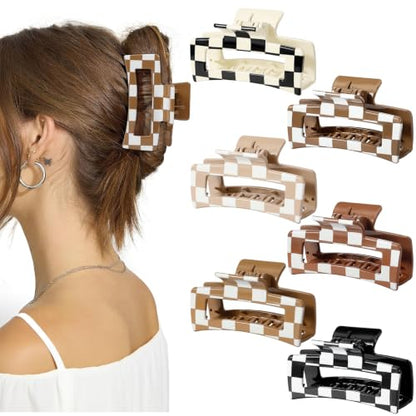 Auseibeely 6 Pcs Checkered Hair Clips for Women, 3.35 Inch Medium Square Claw Clips for Thin Hair, Cute Y2K Checkerboard Hair Accessories, Non-Slip Neutral Tone Banana Jaw Clip, Black White Brown - color: Checkered-3.35 Inch