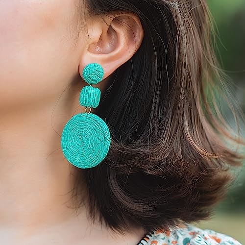 Statement Raffia Boho Round Dangle Ball Earrings - Cute Handmade Summer Bohemian Dangling Jewelry for Women - color: Teal