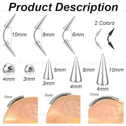 16G Spike Eyebrow Piercing Jewelry Curved Barbell Eyebrow Tragus Lip Rings | Black Spike Earrings with Balls Rook Nose Bridge Ring for Women Men - color: Bar Length:6mm