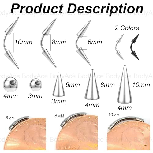 16G Spike Eyebrow Piercing Jewelry Curved Barbell Eyebrow Tragus Lip Rings | Black Spike Earrings with Balls Rook Nose Bridge Ring for Women Men - color: Bar Length:10mm