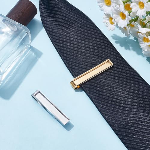 WEBEEDY 2 Pcs Gold/Silver Rectangle Tie Clips Blank Bezel Settings Stainless Steel Classic Tie Bars Bezel Tray Necktie Ties Pins for Wedding Anniversary Business Formal Events Father's Day Gift
