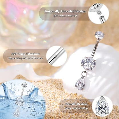 14G G23 Pure Titanium Dangle Belly Button Ring for Women Teardrop Dangling Belly Ring Internally Threaded Barbell Dainty Dangly Navel Ring CZ Belly Piercing Jewelry 6-16MM - color: Silver, size: Bar Length 12mm-Long