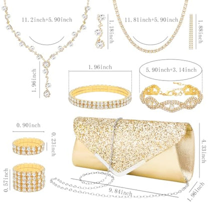 NEWITIN Purse Rhinestone Jewelry Set for Women Prom Jewels Crystal Clutch Purse Necklaces Rings Bracelets Earrings Gold Silver Jewelry Set for Women Bride - color: 11 Pieces Gold