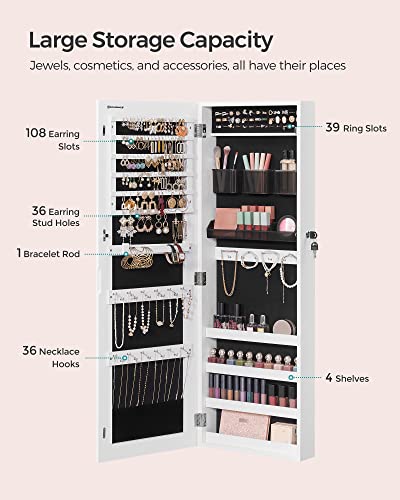 SONGMICS Jewelry Cabinet Armoire, Lockable Wall-Mounted Organizer Unit with 2 Plastic Cosmetic Storage Trays, Full-Length Frameless Mirror, White UJJC001W01 - color: White, style: 42.5-Inch Basic