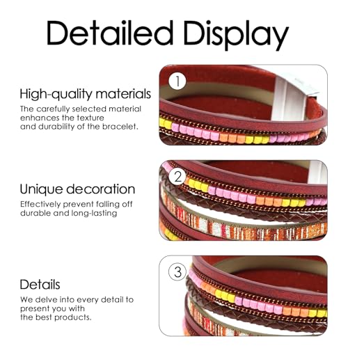 Leather Wrap Bracelets for Women, Boho Leopard Multi-Layer Crystal Beads Cuff Jewelry - color: J-Warp-032