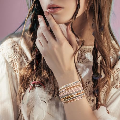 Boho 5 Wrap Bead Bracelet for Men Women - Handmade Adjustable Natural Chakras Stone Crystal Beaded Bracelets Cuff Rope Yoga Healing Bracelet Bangle Hippie Jewelry - color: Pink