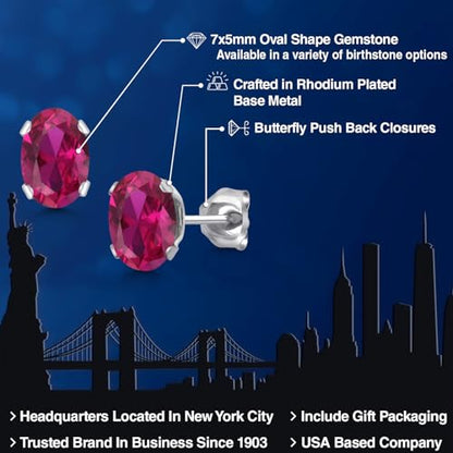 Gem Stone King Oval Gemstone Birthstone Stud Earrings for Women Men | Oval Cut 7X5MM | Fine Jewelry Gifts for Mom Dad Wife Him Her - style: Created Ruby, July