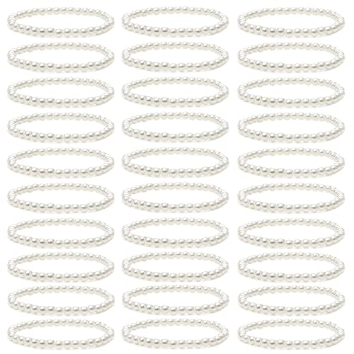MOZAKA 30 Pieces 6mm/8mm Faux White Pearl Bracelets for Women Stackable Stretch Beaded Bracelets Simulated Pearl Bracelet Set for Bridesmaid Bridal Wedding Party Jewelry - style: A:6mm