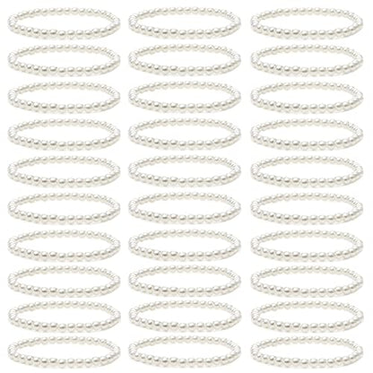 MOZAKA 30 Pieces 6mm/8mm Faux White Pearl Bracelets for Women Stackable Stretch Beaded Bracelets Simulated Pearl Bracelet Set for Bridesmaid Bridal Wedding Party Jewelry - style: A:6mm
