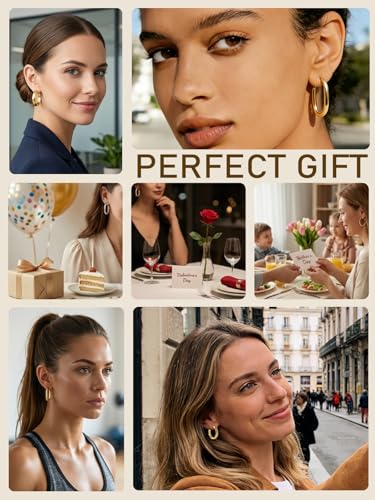 4 Pairs Gold Hoop Earrings for Women - 14K Gold Plated 316 Stainless Steel, Hypoallergenic Lightweight Huggie & Twisted Hoop Earring Set 20/22/24/25 mm