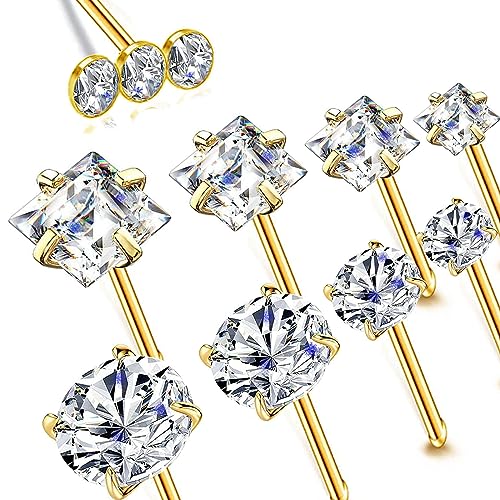 14k Gold Plated 316L Surgical Steel 22g/20g/18g Nose Rings Studs L-Shape Bone Screw Nostril Piercing 1.5mm 2mm 2.5mm 3mm 3.5mm 4.5mm CZ Nose Studs for Women - color: 20g 9pcs Bone Gold Surgical Steel with 3diamond