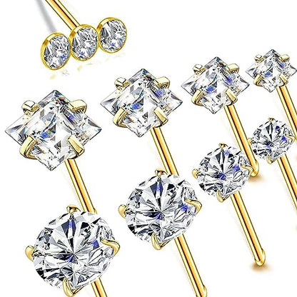 14k Gold Plated 316L Surgical Steel 22g/20g/18g Nose Rings Studs L-Shape Bone Screw Nostril Piercing 1.5mm 2mm 2.5mm 3mm 3.5mm 4.5mm CZ Nose Studs for Women - color: 20g 9pcs Bone Gold Surgical Steel with 3diamond