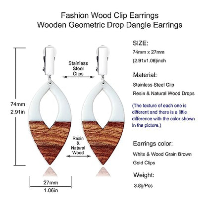 Wooden Geometric Clip On Earrings Women Gold Black Wood Non Pierced Ears Dangle Drop Earrings Triangle Leaf Comfortable Clip Earrings Jewelry - color: Leaf_White+Silver
