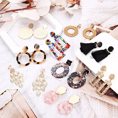 9Pairs Clip on Drop Earrings for Women Statement Rattan Resin Acrylic Tassel Drop Dangle Earrings Lightweight Geometric Hoop Non Piercing Earrings-style