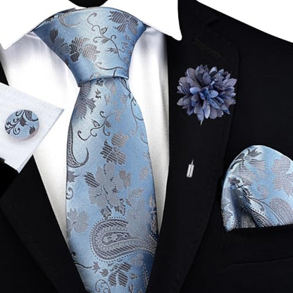 GUSLESON Paisley Tie Set for Men 3.15" Necktie Lapel Pin Hankerchief Cufflinks Set for Men - color: Dusty Blue