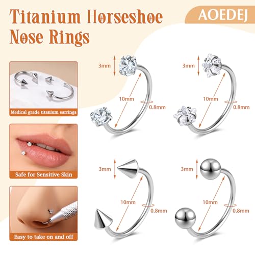 AOEDEJ 20G Titanium Horseshoe Nose Rings Internally Threaded Septum Jewelry Lip Rings Hoop Labret Jewelry Spike CZ Ball Horse Shoe Nose Ring Hoops for Women Men - style: Silver-10mm