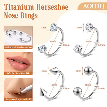 AOEDEJ 20G Titanium Horseshoe Nose Rings Internally Threaded Septum Jewelry Lip Rings Hoop Labret Jewelry Spike CZ Ball Horse Shoe Nose Ring Hoops for Women Men - style: Silver-10mm